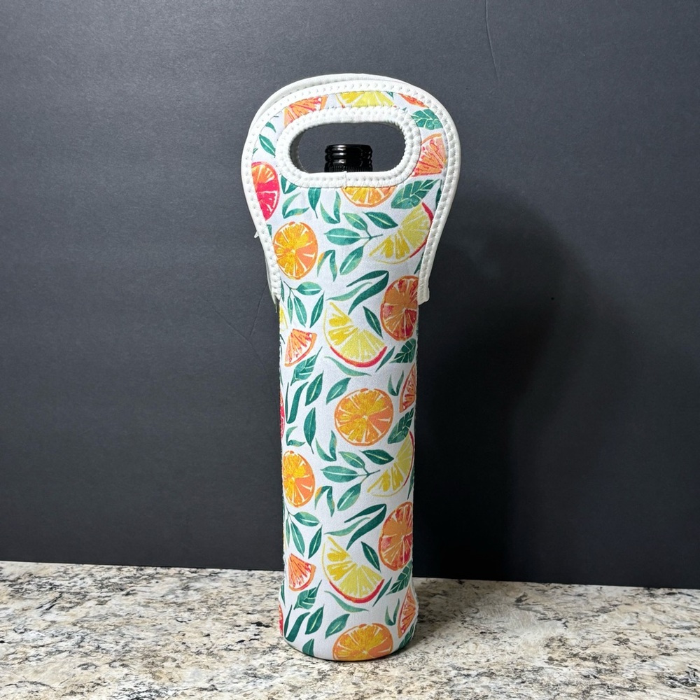Insulated Neoprene Picnic Wine Bottle Tote Summer Orange Citrus Pattern